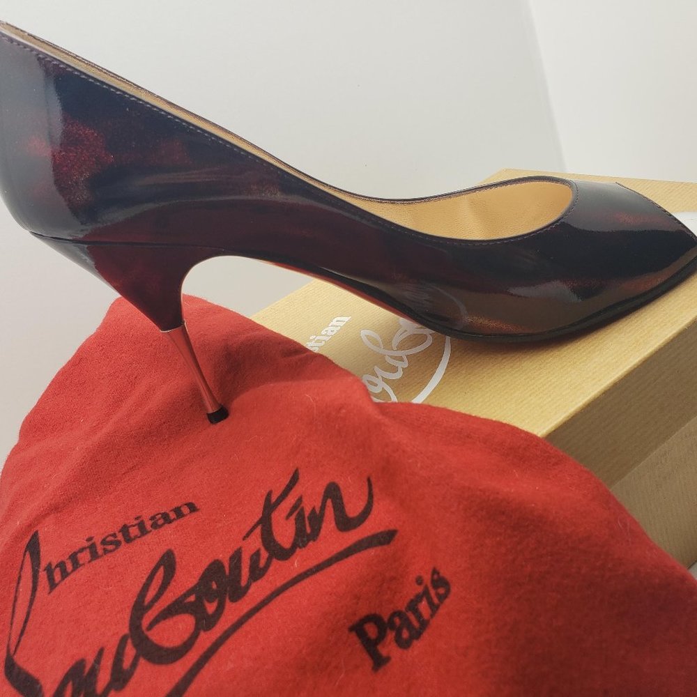 Christian Louboutin Yoyospina 85 Burgundy Glittart Peep Toe Glitter Patent Heels